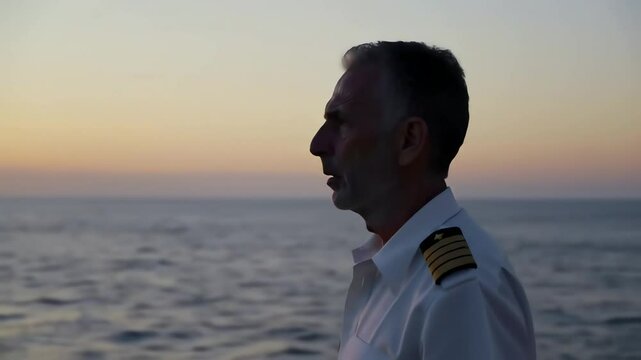 Ship Captain Gazing Over Calm Ocean from the Bridge During Sunrise, Symbolizing Leadership and Dedication on International Day of the Seafarer
