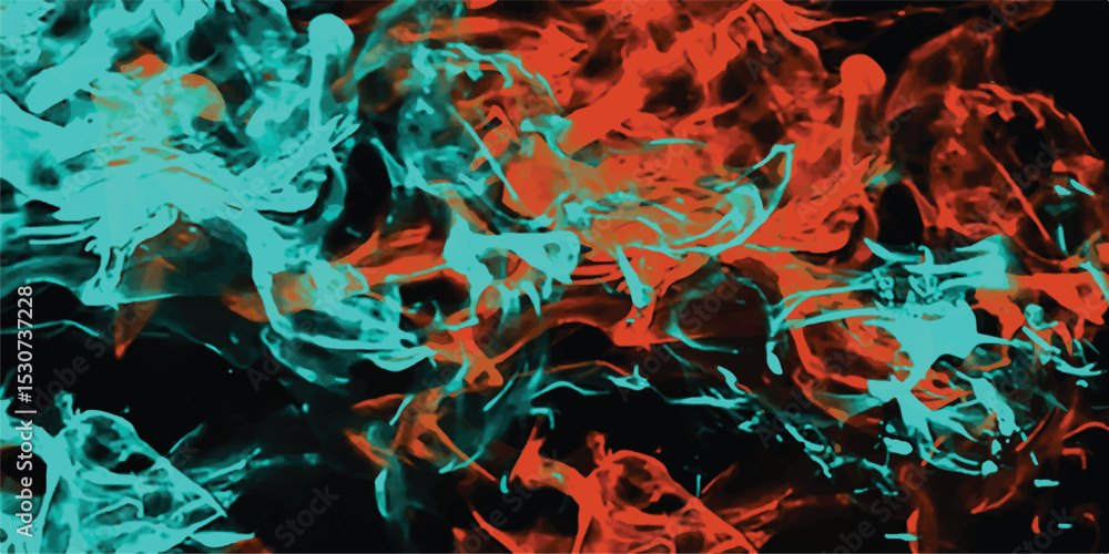 Poster abstract swirls of vibrant turquoise and red smoke against a dark backdrop creating dynamic energy a