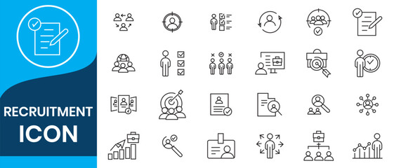 Recruitment icon collection set. Containing job search, interview, job fair, screening, short listed, employee icon. Simple flat vector