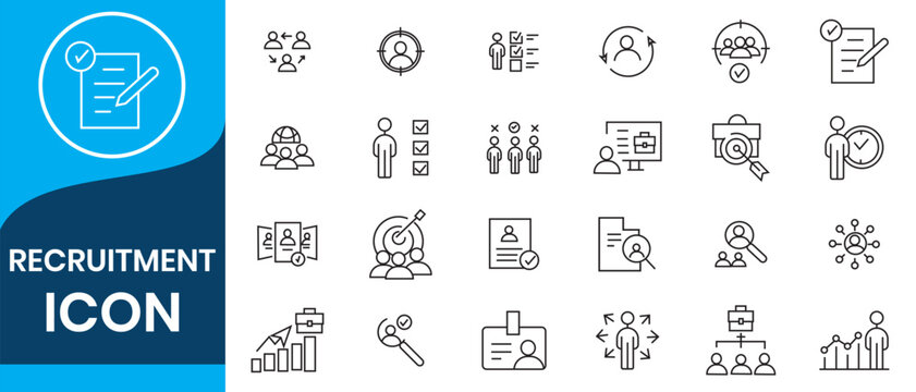 Recruitment icon collection set. Containing job search, interview, job fair, screening, short listed, employee icon. Simple flat vector