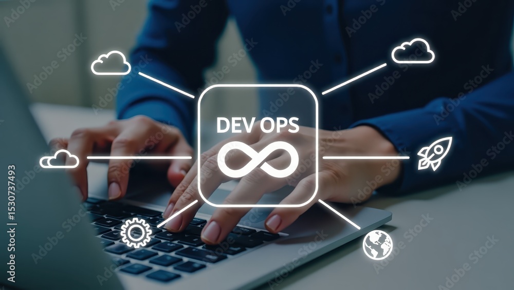 Poster person working on a laptop with devops concept displayed.
