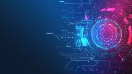 Digital circuit graphic with glowing concentric circles.