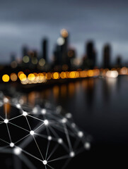 Sharp detailed view of glowing digital links between skyscrapers in a clean, dark, minimalist nighttime city