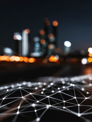 Futuristic city skyline at night with glowing data connections linking skyscrapers against clean black sky