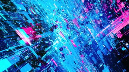 An abstract blend of blue, mint, and pink, layered with digital glitch and distortion effects, creates a futuristic cyberpunk design. Drawing inspiration from retro futurism and rave culture