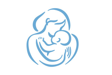Mother hugging baby minimal icon blue line vector illustration