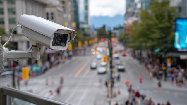 A busy urban intersection filled with pedestrians and vehicles, overseen by a prominent CCTV camera mounted on a pole. The scene highlights daily city life alongside public safety and surveillance.