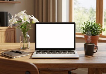 Fototapeta premium A silver laptop with a blank screen sits open on a dark office desk beside a cup of coffee, ready for mobile business communication