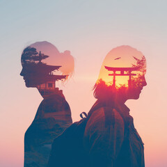 mother & daughter holiday makers; asian half body silhouettes filled with asian views; sunset warm color scheme background