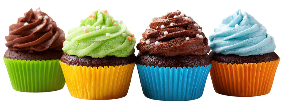 Four colorful cupcakes with chocolate green brown and blue frosting topped with small round sprinkles in yellow green blue and orange paper liners isolated on transparency background