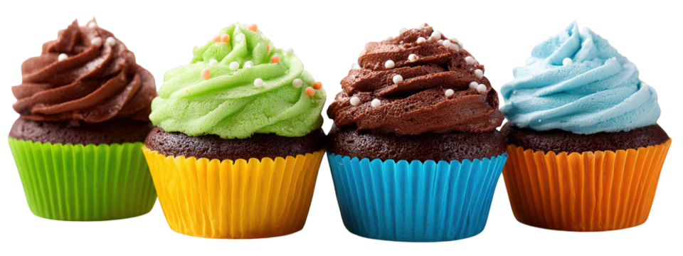 Four colorful cupcakes with chocolate green brown and blue frosting topped with small round sprinkles in yellow green blue and orange paper liners isolated on transparency background