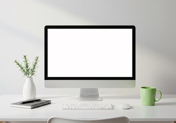 Fototapeta premium Computer monitor with blank screen on an office desk with a keyboard and mouse, ready for technology work or business display