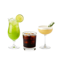 Three refreshing cocktails with ice and garnishes