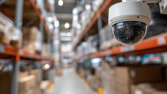 A warehouse interior shows stacked shelves under high ceilings with multiple visible surveillance cameras. The setup highlights security, operational control, and efficiency in a logistics environment