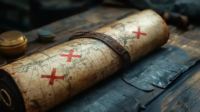 A vintage treasure map rolled on a rustic wooden table with scattered coins and tools in the background