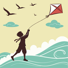 Happy Child Flying Kite – Fun Outdoor Activity Silhouette Illustration of Kid Playing in Open Sky