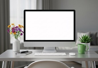 Fototapeta premium Computer monitor with blank screen on an office desk with a keyboard and mouse, ready for technology work or business display