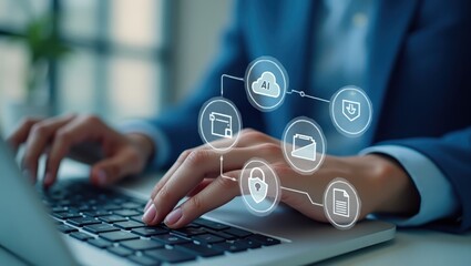 Close-up of hands typing on a laptop with digital icons overlay.