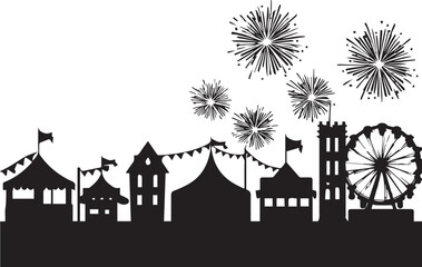 Black silhouette of a carnival scene with fireworks, ferris wheel, tents, and flags, perfect for festive, celebration, and fun event-themed designs