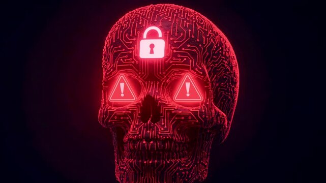 Futuristic digital skull with a lock symbol and warning signs, representing cybersecurity threats