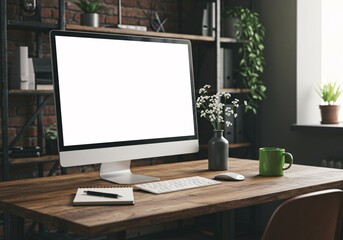 Computer monitor with blank screen on an office desk with a keyboard and mouse, ready for technology work or business display
