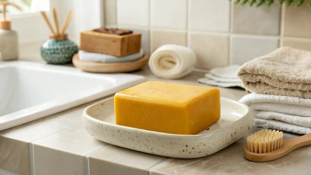 Natural turmeric soap bar in a serene bathroom setting. Clean, minimalist atmosphere with towels and skincare tools. Perfect for wellness, beauty, and organic self-care product promotions.