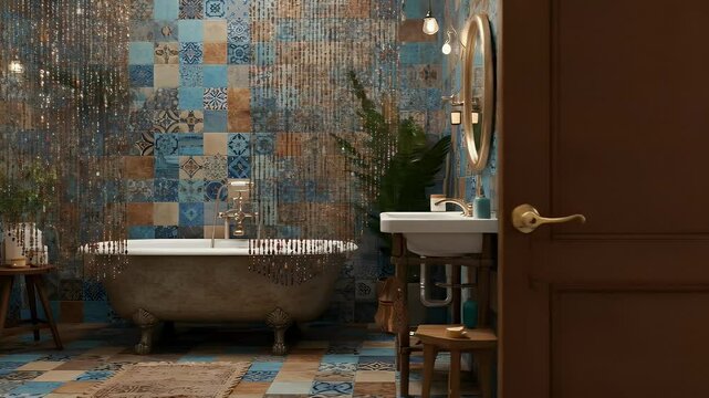 Colorful patchwork bathroom interior