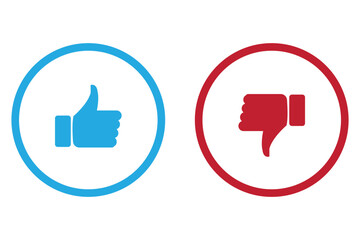 Like and dislike hand icon on circle outline. Thumb up,  and down color sign symbol. Thumb up, thumb down, like and dislike icons buttons collection. Silhouette and outline circle style. 