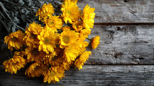 Swedish national day celebration with yellow flowers on rustic wooden background. Sveriges nationaldag. Horizontal banner. Copy space. National Day of Sweden