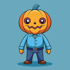 Adorable cartoon illustration of a halloween pumpkin head character in a blue outfit