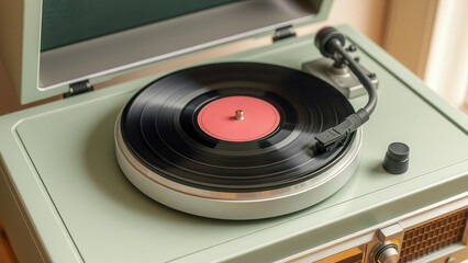 Fototapeta premium Retro turntable with vinyl record. Vintage audio equipment for lovers of analog sound. Nostalgia, style and musical inspiration.