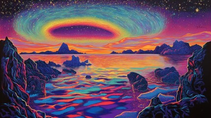 Obraz premium Colorful, vibrant painting of a surreal coastal landscape with a celestial halo