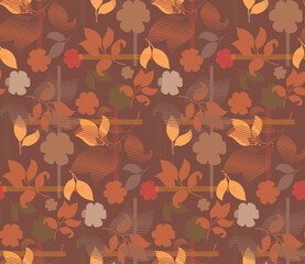 Botanical seamless pattern with geometric shapes mixed with brush strokes texture. Exotic branches and leaves. Floral background made of herbal petals and leaves for fashion, textile and fabric.