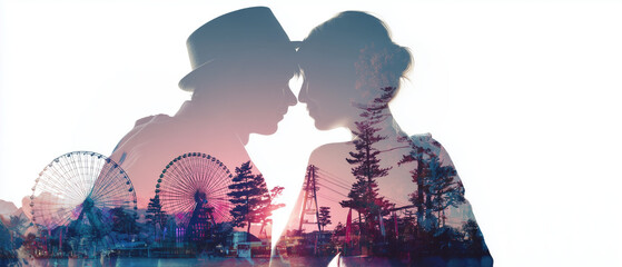 romantic pair of people, holiday makers; pink & black color of asian half body silhouettes filled with tropical scenery; white background