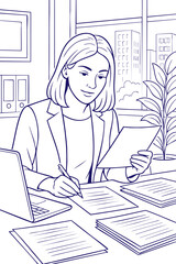 Businesswoman reviewing documents at desk line art illustration
