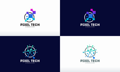 Set of pixel tech logo designs concept template
