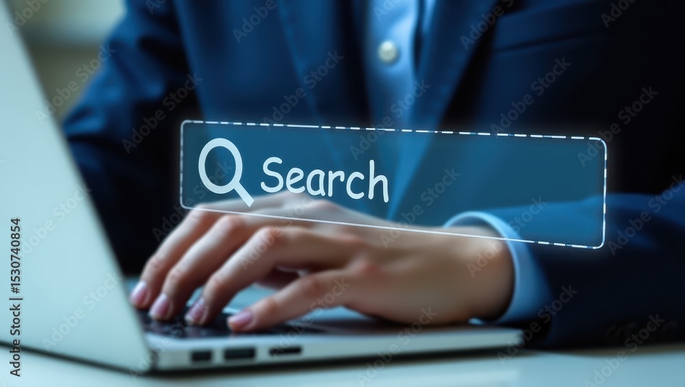 Poster hands typing on a laptop with a search bar overlay.
