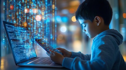 A boy uses a laptop and smartphone, illustrating the intersection of binary data processing and cybersecurity in education. The image shows a rear view, emphasizing the digital aspects.