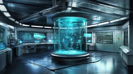 Futuristic lab with large aquarium