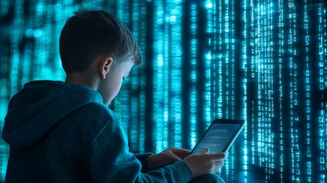 A boy uses a laptop and smartphone, illustrating the intersection of binary data processing and cybersecurity in education.  The image shows a rear view, emphasizing the digital aspects.
 