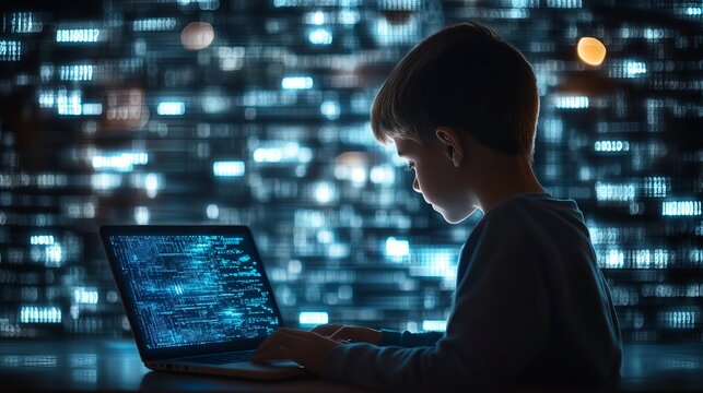 A boy uses a laptop and smartphone, illustrating the intersection of binary data processing and cybersecurity in education.  The image shows a rear view, emphasizing the digital aspects.
 