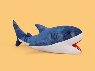 Beautiful cute big shark fish soft plush toy on the yellow background