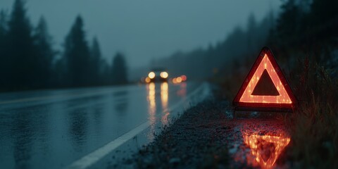 Warning sign illuminated on a rainy roadside during evening hours with passing vehicles in the background