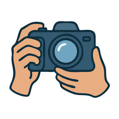 Vector icon of hands holding a camera, symbolizing photography and travel memories.
