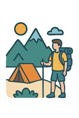 Vector illustration of a man camping in the mountains, symbolizing adventure and outdoor lifestyle.