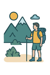 Vector illustration of a hiker with a backpack in the mountains, symbolizing adventure and exploration.

