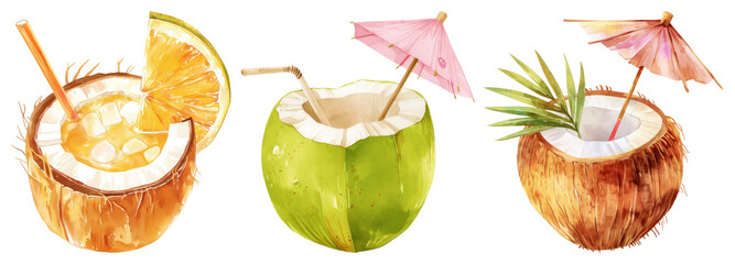 PNG Tropical coconut drinks illustration, element set on transparent background