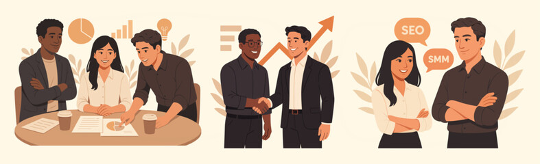 Modern business people illustration set – teamwork, marketing strategy, and handshake success concept