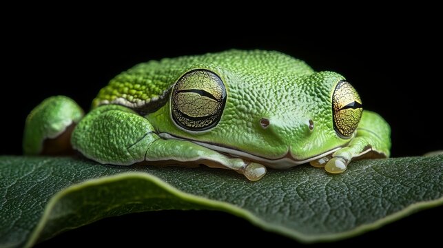 A green tree frog rests on a leaf in Australia.
  - Powered by Adobe