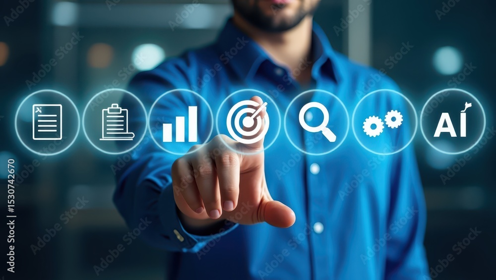 Poster person interacting with a futuristic user interface.